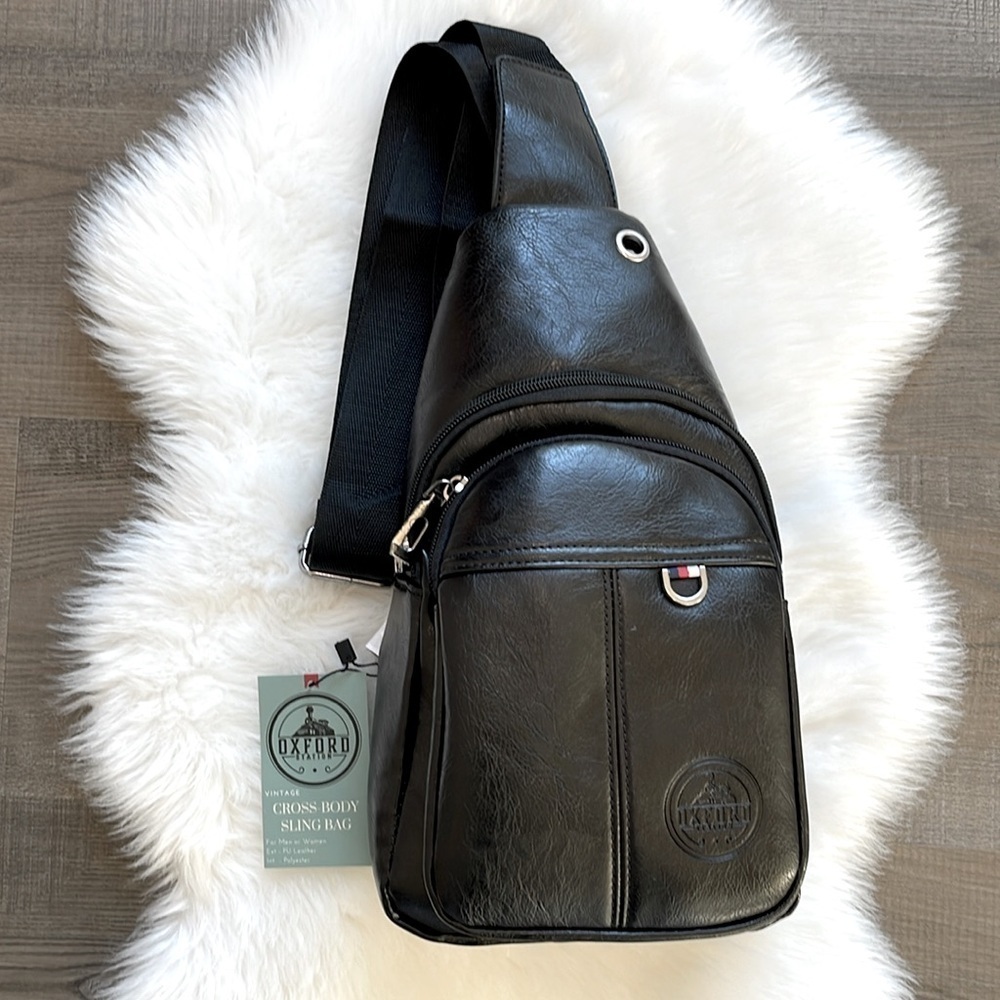 Oxford Station Vintage Style Unisex Crossbody Sling Bag Black Vegan Leather - Picture 3 of 12